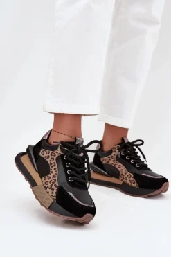 Skórzane Sneakersy Damskie Na Platformie Panterka 55C0134 Czarne Damskie Buty Sportowe Na Platformie|Półbuty Skórzane