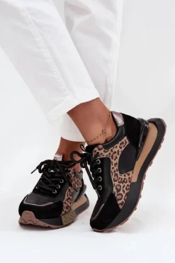 Skórzane Sneakersy Damskie Na Platformie Panterka 55C0134 Czarne Damskie Buty Sportowe Na Platformie|Półbuty Skórzane