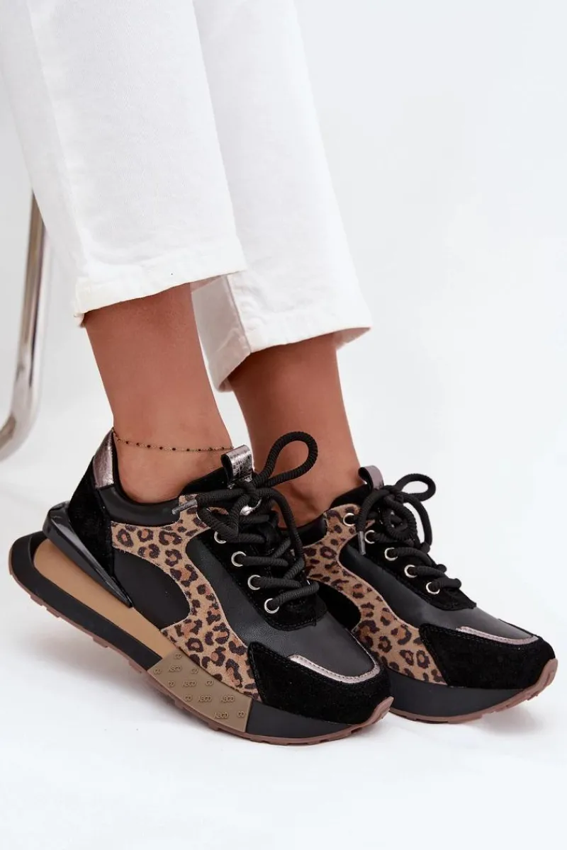 Skórzane Sneakersy Damskie Na Platformie Panterka 55C0134 Czarne Damskie Buty Sportowe Na Platformie|Półbuty Skórzane