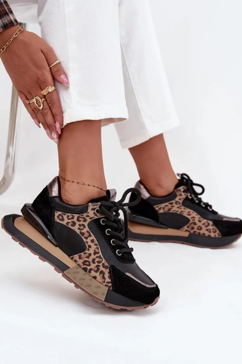 Skórzane Sneakersy Damskie Na Platformie Panterka 55C0134 Czarne Damskie Buty Sportowe Na Platformie|Półbuty Skórzane