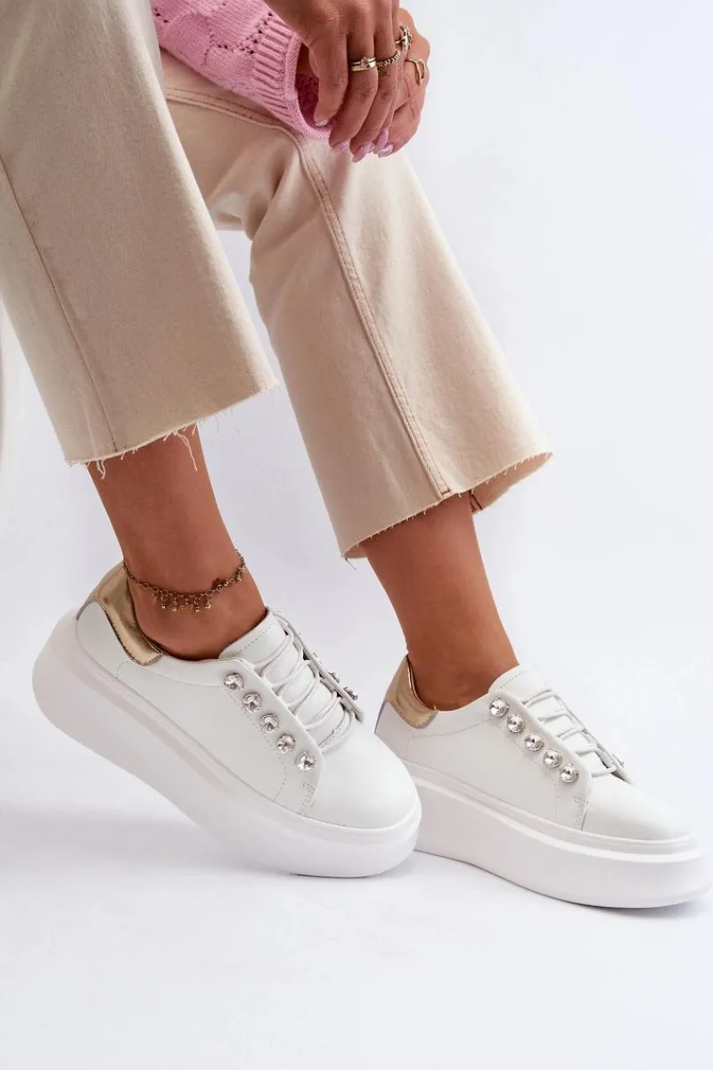 Sneakersy Damskie>Damskie buty S.Barski Skórzane Sneakersy Damskie Na Masywnej Platformie Białe S.Barski LR628