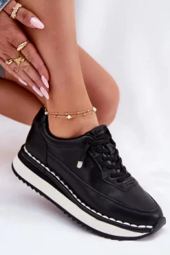 Clearance Skórzane Sneakersy Damskie Na Platformie Big Star RR274A335 Czarne Damskie Buty Sportowe Na Platformie|Buty Sportowe Big Star