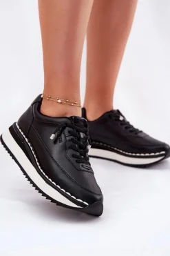 Clearance Skórzane Sneakersy Damskie Na Platformie Big Star RR274A335 Czarne Damskie Buty Sportowe Na Platformie|Buty Sportowe Big Star