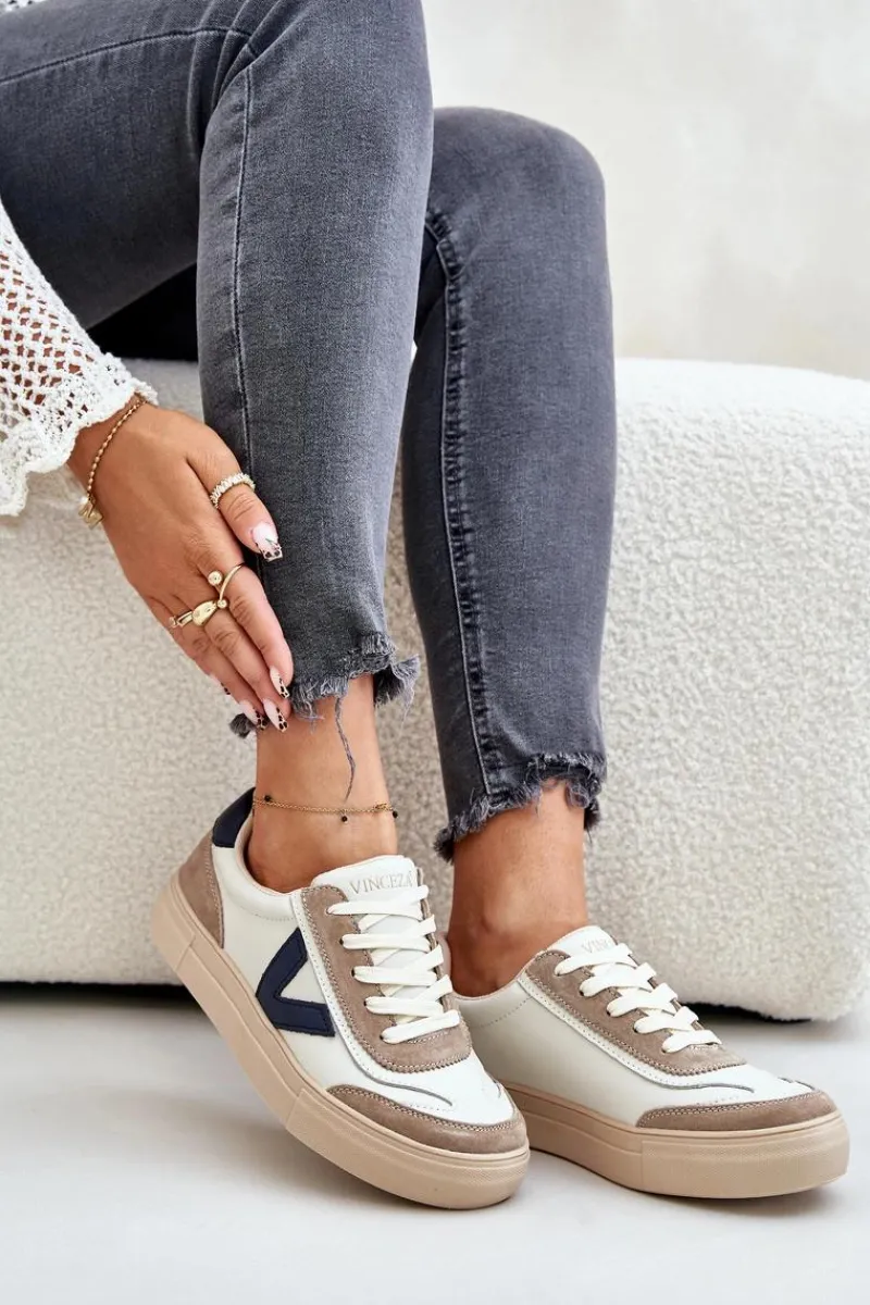 Discount Skórzane Sneakersy Damskie Vinceza 7923 Beżowe Damskie Sneakersy Damskie