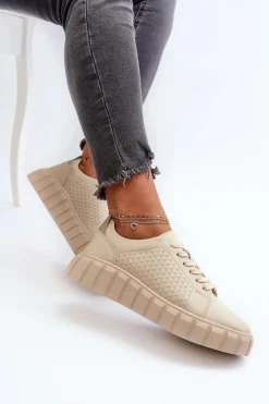 Outlet Skórzane Sneakersy Damskie Na Platformie Beżowe Eselmarie Damskie Buty Sportowe Na Platformie