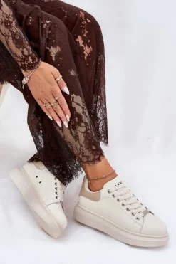 Outlet Skórzane Sneakersy Damskie Na Platformie RR2N4004 Beżowe Damskie Sneakersy Damskie