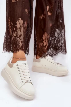 Outlet Skórzane Sneakersy Damskie Na Platformie RR2N4004 Beżowe Damskie Sneakersy Damskie