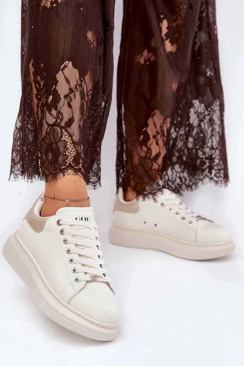 Outlet Skórzane Sneakersy Damskie Na Platformie RR2N4004 Beżowe Damskie Sneakersy Damskie