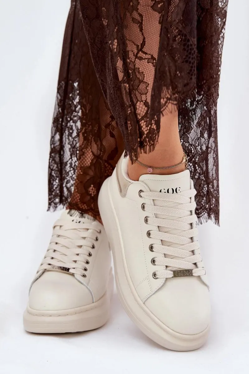 Outlet Skórzane Sneakersy Damskie Na Platformie RR2N4004 Beżowe Damskie Sneakersy Damskie