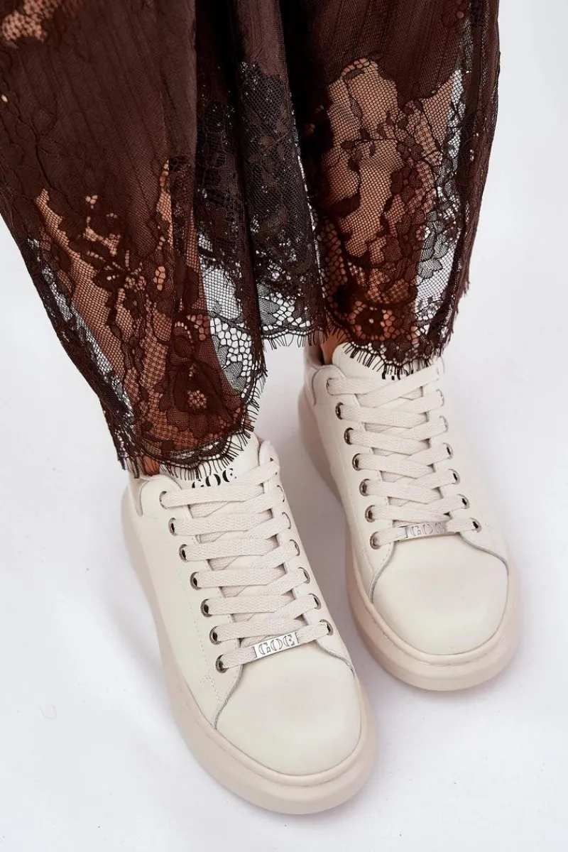 Outlet Skórzane Sneakersy Damskie Na Platformie RR2N4004 Beżowe Damskie Sneakersy Damskie