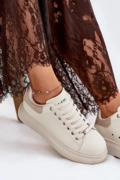 Outlet Skórzane Sneakersy Damskie Na Platformie RR2N4004 Beżowe Damskie Sneakersy Damskie