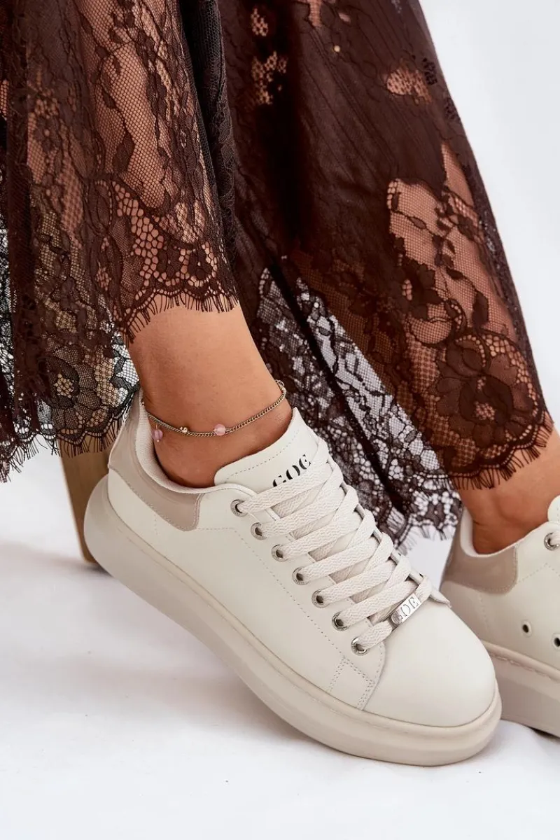 Outlet Skórzane Sneakersy Damskie Na Platformie RR2N4004 Beżowe Damskie Sneakersy Damskie