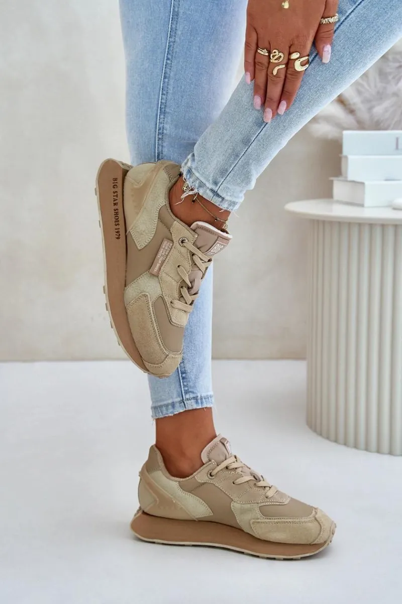 Sale Big Star Shoes Skórzane Sneakersy Damskie Big Star OO274564 Hi-Poly System Beżowe Beżowy