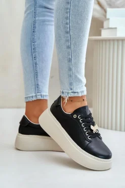 Sneakersy Damskie>Buty damskie Vinceza Skórzane Sneakersy Damskie Na Platformie Z Przypinką Vinceza 89101 Czarne