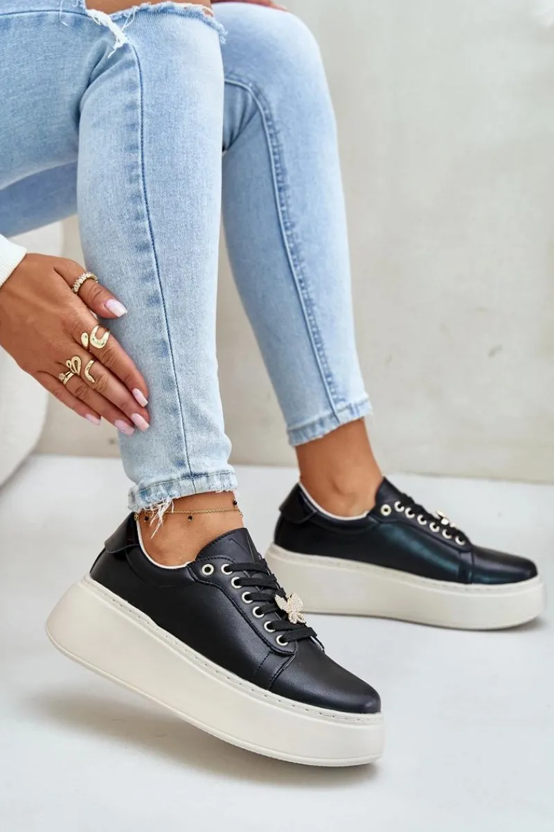 Sneakersy Damskie>Buty damskie Vinceza Skórzane Sneakersy Damskie Na Platformie Z Przypinką Vinceza 89101 Czarne