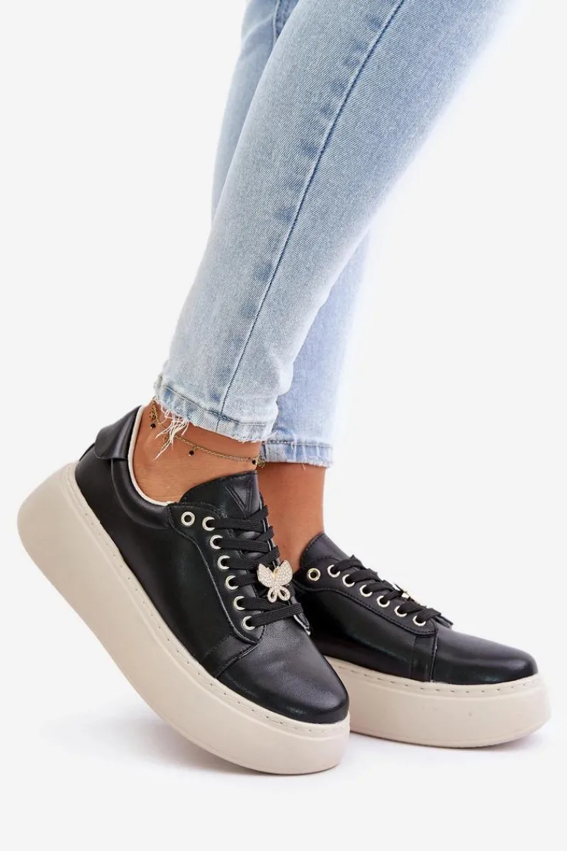 Sneakersy Damskie>Buty damskie Vinceza Skórzane Sneakersy Damskie Na Platformie Z Przypinką Vinceza 89101 Czarne