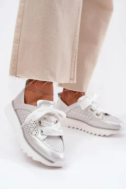Buty Sportowe Na Platformie|Sneakersy Damskie>Damskie buty S.Barski Skórzane Sneakersy Damskie Na Platformie D&A LR51-796 Srebrne