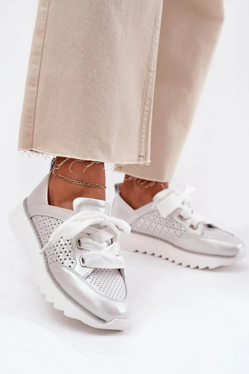 Buty Sportowe Na Platformie|Sneakersy Damskie>Damskie buty S.Barski Skórzane Sneakersy Damskie Na Platformie D&A LR51-796 Srebrne