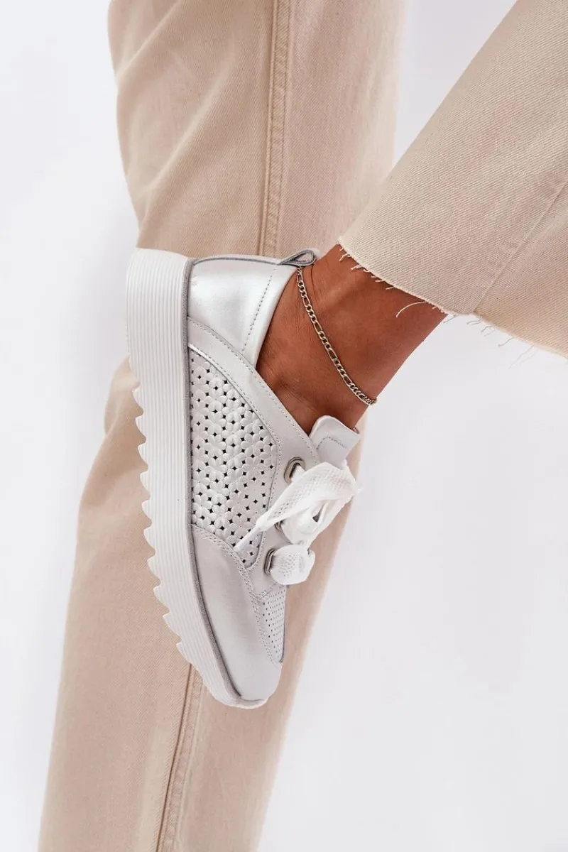 Buty Sportowe Na Platformie|Sneakersy Damskie>Damskie buty S.Barski Skórzane Sneakersy Damskie Na Platformie D&A LR51-796 Srebrne
