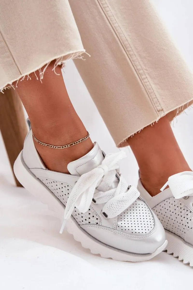 Buty Sportowe Na Platformie|Sneakersy Damskie>Damskie buty S.Barski Skórzane Sneakersy Damskie Na Platformie D&A LR51-796 Srebrne