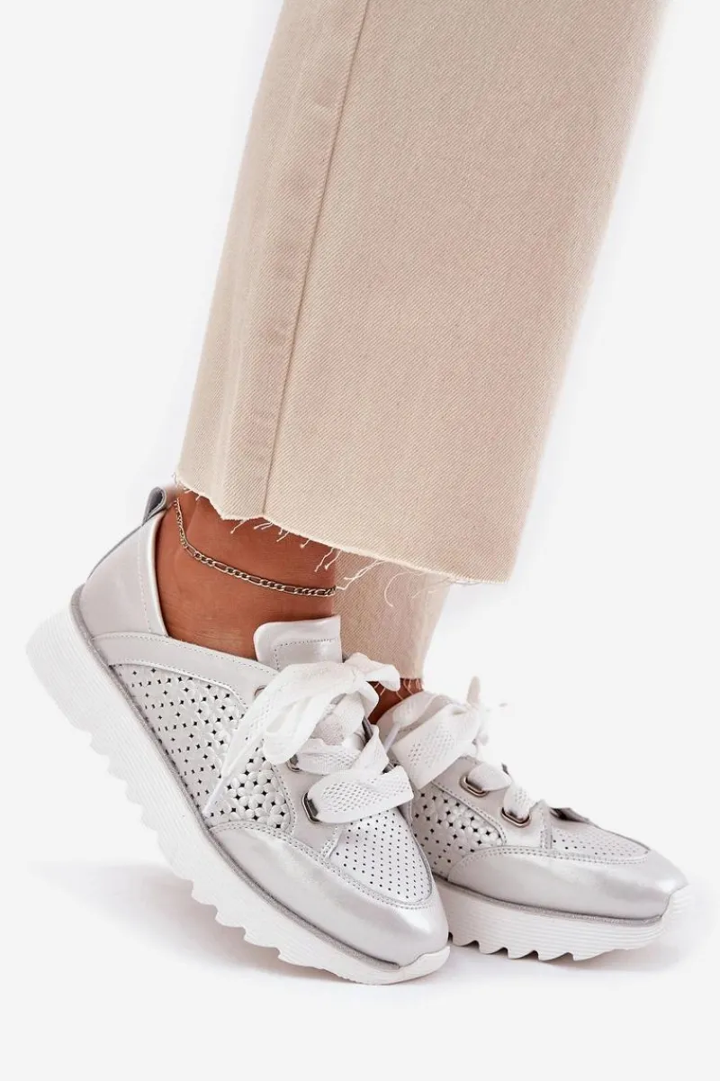 Buty Sportowe Na Platformie|Sneakersy Damskie>Damskie buty S.Barski Skórzane Sneakersy Damskie Na Platformie D&A LR51-796 Srebrne