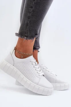 Buty Sportowe Na Platformie></noscript>Evento Skórzane Sneakersy Damskie Na Platformie Białe Eselmarie