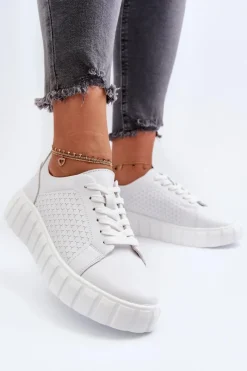 Buty Sportowe Na Platformie></noscript>Evento Skórzane Sneakersy Damskie Na Platformie Białe Eselmarie