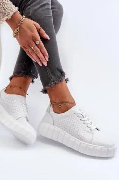 Buty Sportowe Na Platformie></noscript>Evento Skórzane Sneakersy Damskie Na Platformie Białe Eselmarie