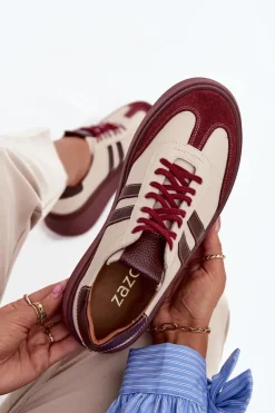 Discount Skórzane Sneakersy Damskie Na Platformie 3775 Beżowo-Bordowe Damskie Buty Sportowe Na Platformie|Sneakersy Damskie