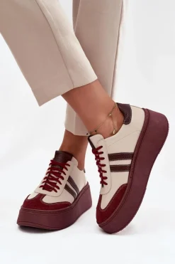 Discount Skórzane Sneakersy Damskie Na Platformie 3775 Beżowo-Bordowe Damskie Buty Sportowe Na Platformie|Sneakersy Damskie