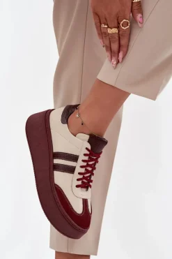 Discount Skórzane Sneakersy Damskie Na Platformie 3775 Beżowo-Bordowe Damskie Buty Sportowe Na Platformie|Sneakersy Damskie