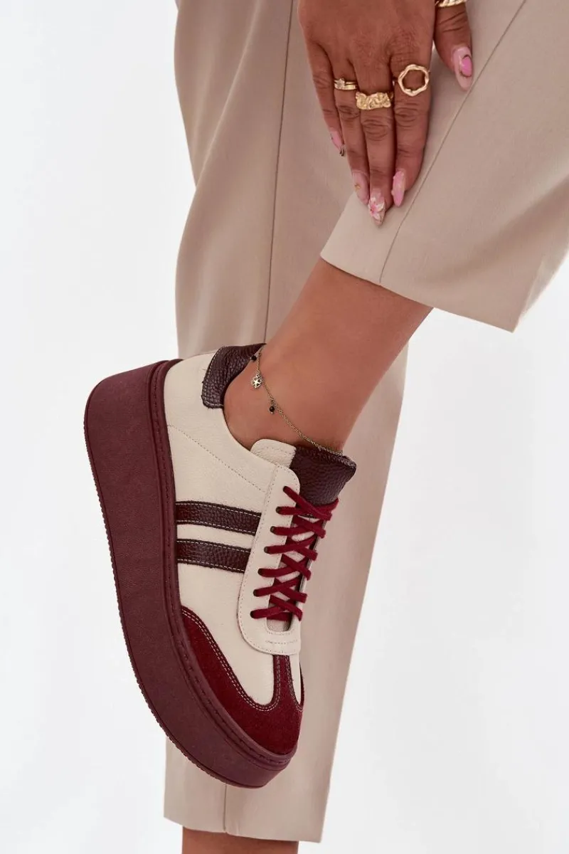 Discount Skórzane Sneakersy Damskie Na Platformie 3775 Beżowo-Bordowe Damskie Buty Sportowe Na Platformie|Sneakersy Damskie
