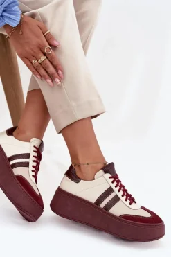 Discount Skórzane Sneakersy Damskie Na Platformie 3775 Beżowo-Bordowe Damskie Buty Sportowe Na Platformie|Sneakersy Damskie