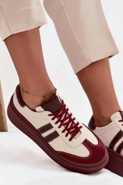Discount Skórzane Sneakersy Damskie Na Platformie 3775 Beżowo-Bordowe Damskie Buty Sportowe Na Platformie|Sneakersy Damskie