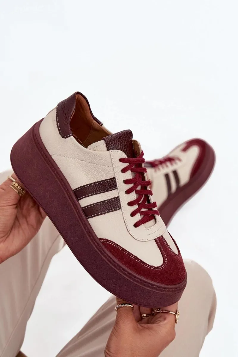 Discount Skórzane Sneakersy Damskie Na Platformie 3775 Beżowo-Bordowe Damskie Buty Sportowe Na Platformie|Sneakersy Damskie