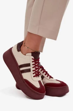 Discount Skórzane Sneakersy Damskie Na Platformie 3775 Beżowo-Bordowe Damskie Buty Sportowe Na Platformie|Sneakersy Damskie