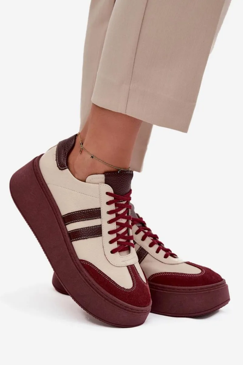 Discount Skórzane Sneakersy Damskie Na Platformie 3775 Beżowo-Bordowe Damskie Buty Sportowe Na Platformie|Sneakersy Damskie
