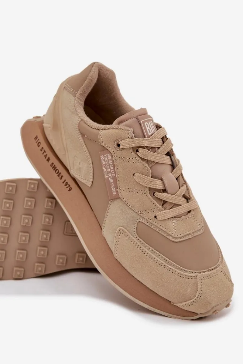 Best Skórzane Sneakersy Męskie Big Star OO174298 Hi-Poly System Beżowe Męskie Obuwie Sportowe Męskie