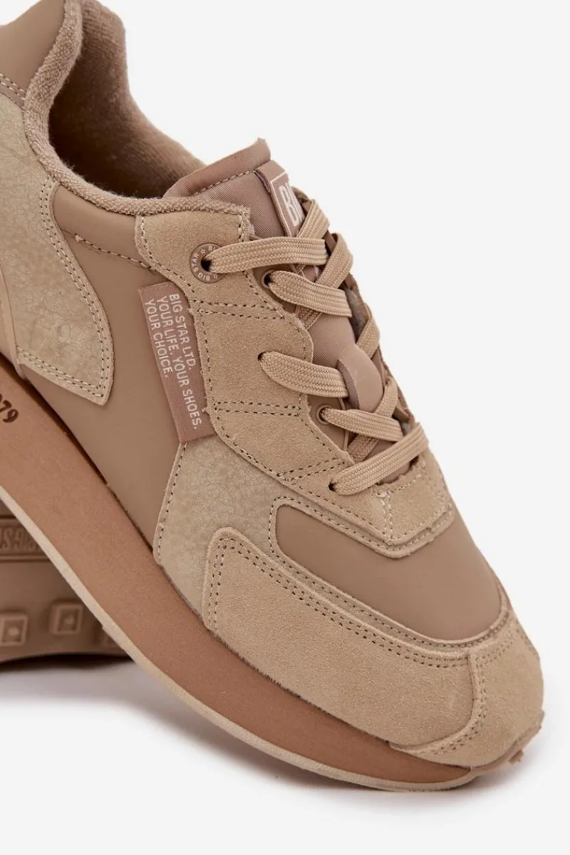 Best Skórzane Sneakersy Męskie Big Star OO174298 Hi-Poly System Beżowe Męskie Obuwie Sportowe Męskie