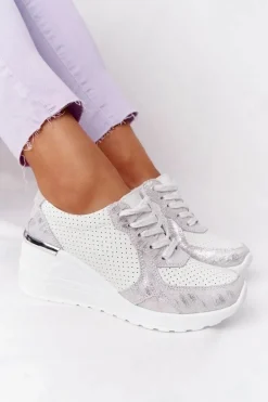 Best Damskie buty S.Barski Skórzane Sneakersy Na Koturnie S.Barski Biało-Srebrne