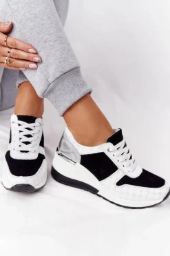 New Skórzane Sneakersy Na Koturnie S.Barski Czarno-Białe Damskie Sneakersy Damskie