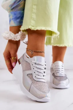 Sneakersy Damskie>Damskie buty S.Barski Skórzane Sneakersy Na Koturnie Z Siateczką S.Barski Srebrne