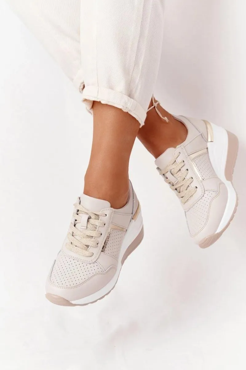 New Damskie buty S.Barski Skórzane Sneakersy Na Koturnie S.Barski Beżowe