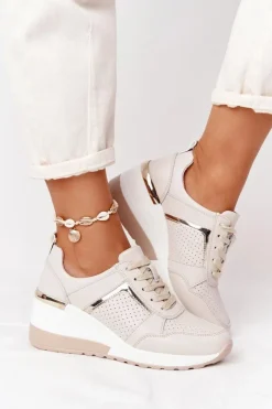 New Damskie buty S.Barski Skórzane Sneakersy Na Koturnie S.Barski Beżowe