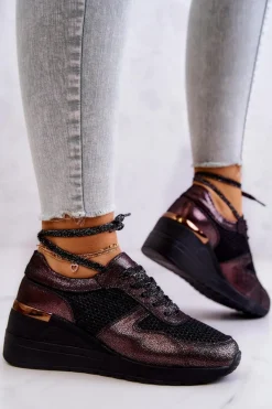 New Skórzane Sneakersy Na Koturnie Z Siateczką S.Barski Czarne Damskie Sneakersy Damskie