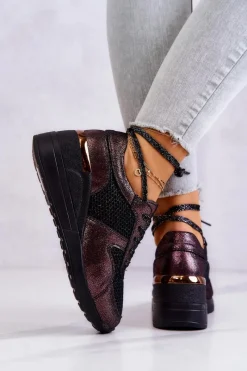 New Skórzane Sneakersy Na Koturnie Z Siateczką S.Barski Czarne Damskie Sneakersy Damskie