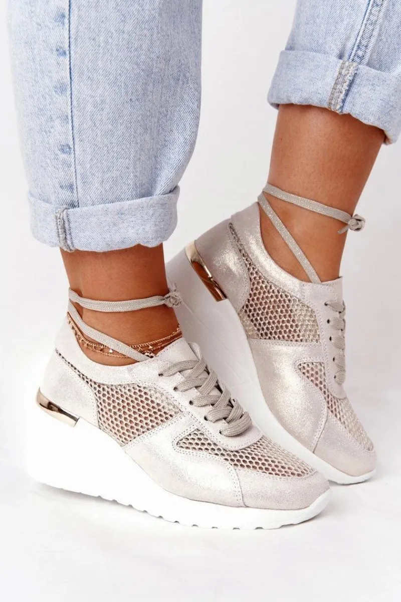 Clearance Damskie buty S.Barski Skórzane Sneakersy Na Koturnie Z Siateczką S.Barski Złote