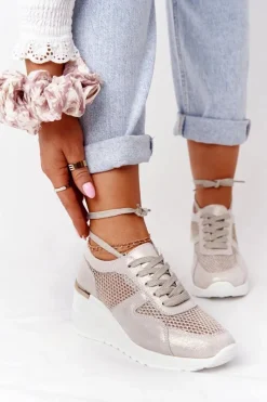 Clearance Damskie buty S.Barski Skórzane Sneakersy Na Koturnie Z Siateczką S.Barski Złote