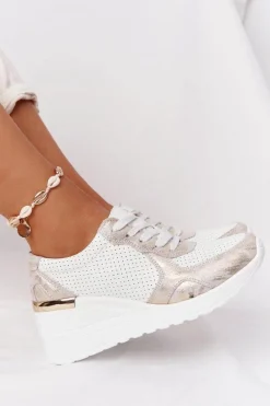 Sneakersy Damskie>Damskie buty S.Barski Skórzane Sneakersy Na Koturnie S.Barski Biało-Złote