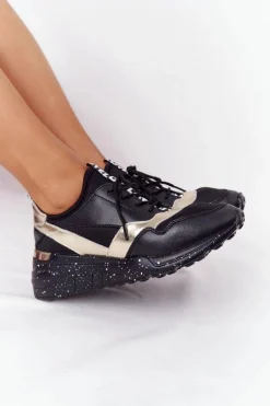 Outlet Damskie buty S.Barski Skórzane Sneakersy Na Koturnie S.Barski Czarno-Złote